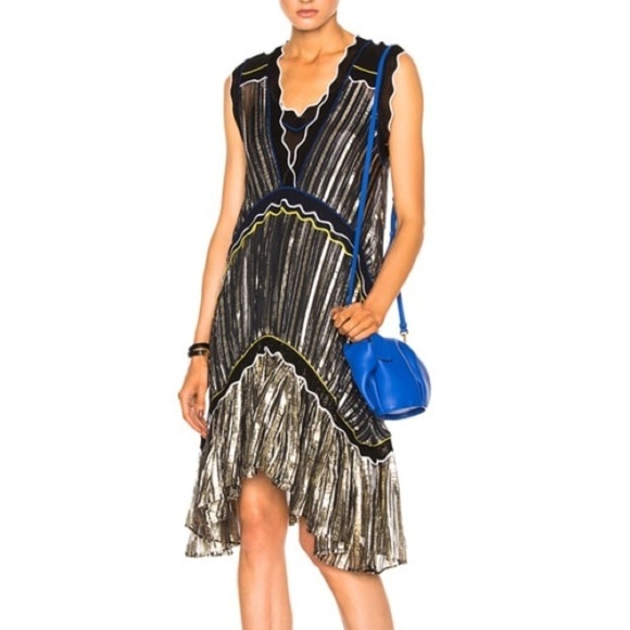 NWT Peter Pilotto Metallic Chiffon Dress Gold Navy Sheer Designer Sz M - Picture 1 of 16